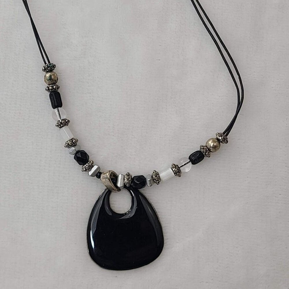 Beaded Black Pendant Statement Necklace  Adjustable Chain Silver-Tone Accents - Picture 11 of 11